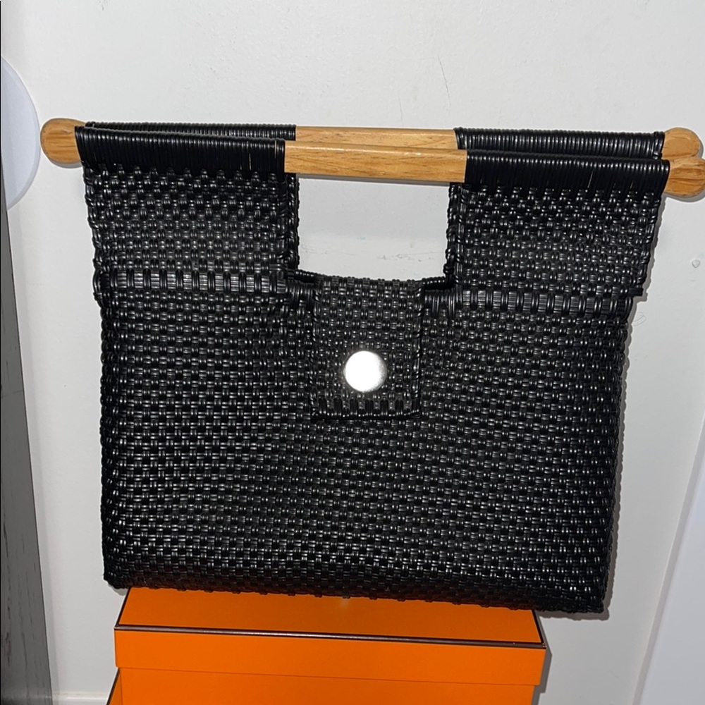 Black Woven Handbag with Wooden Handle